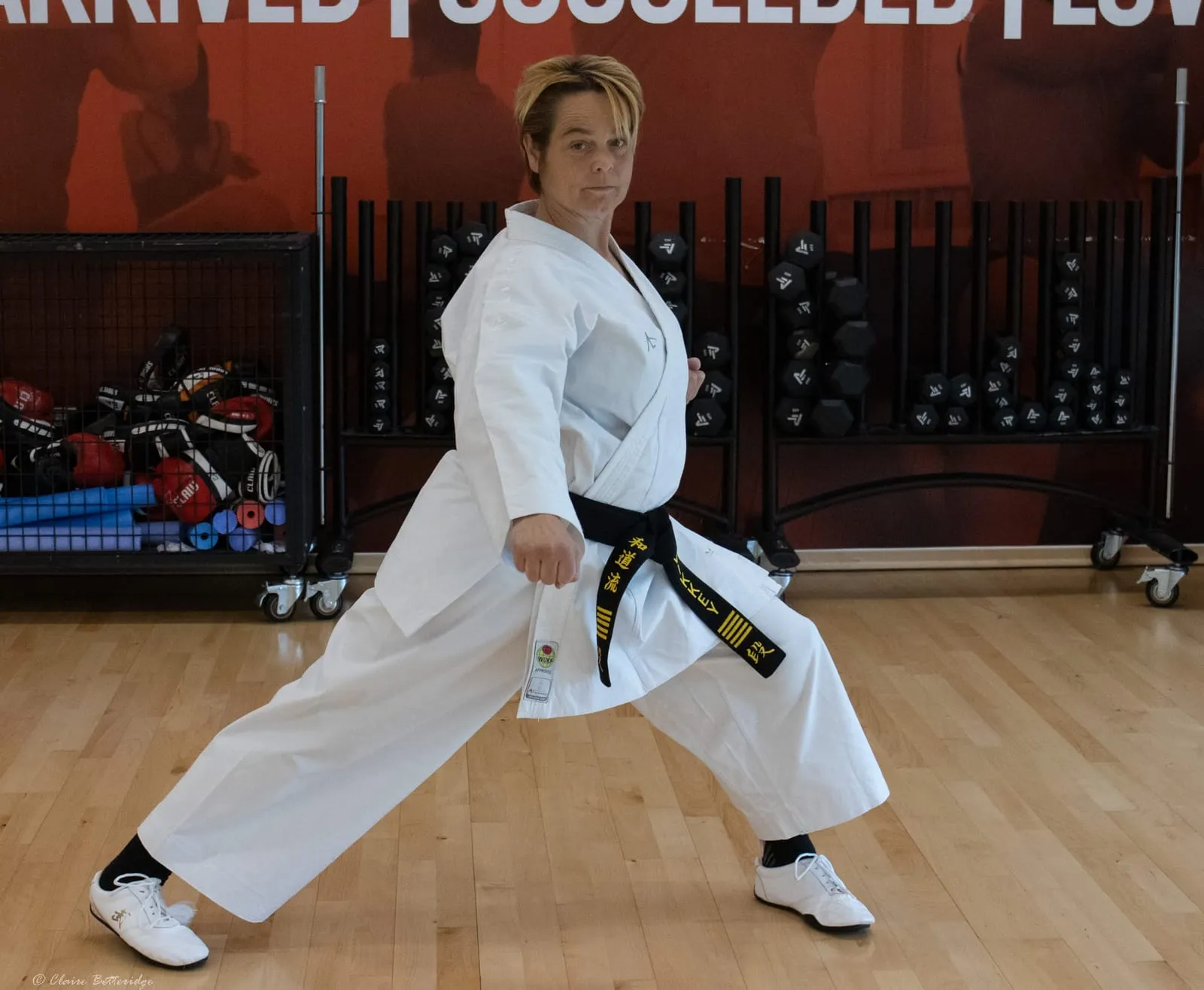 A black belt instructor holding a low, wide Karate stance