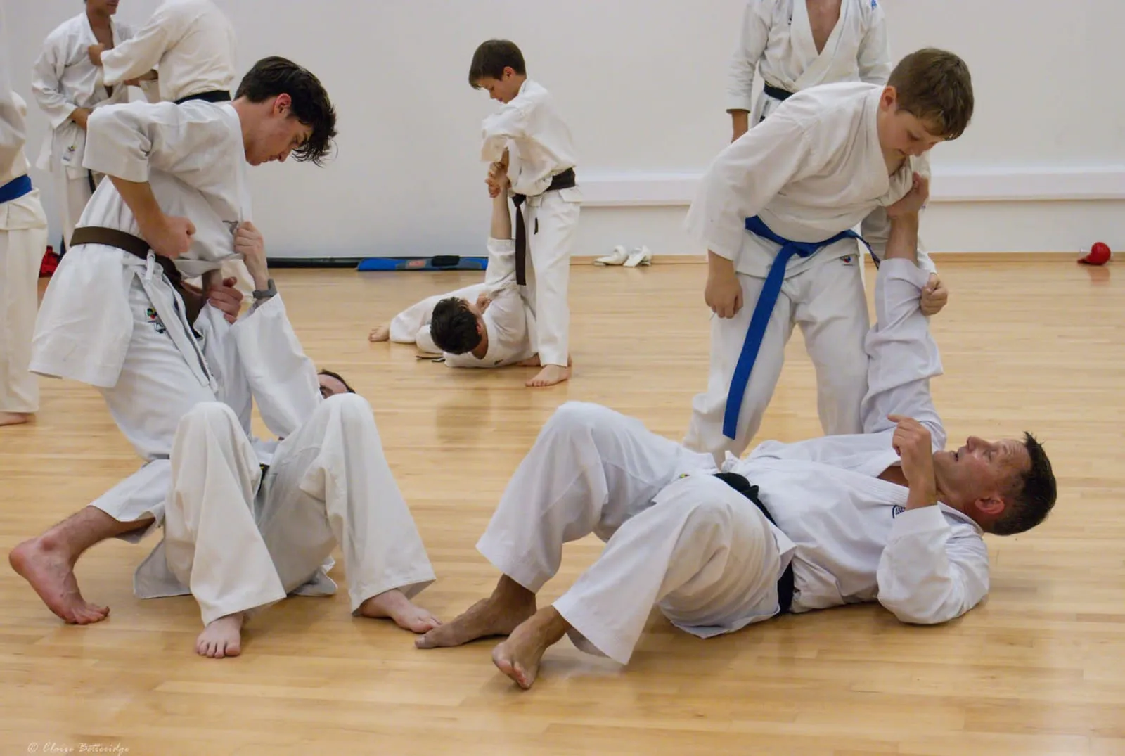 Students practising a takedown drill on the dojo floor