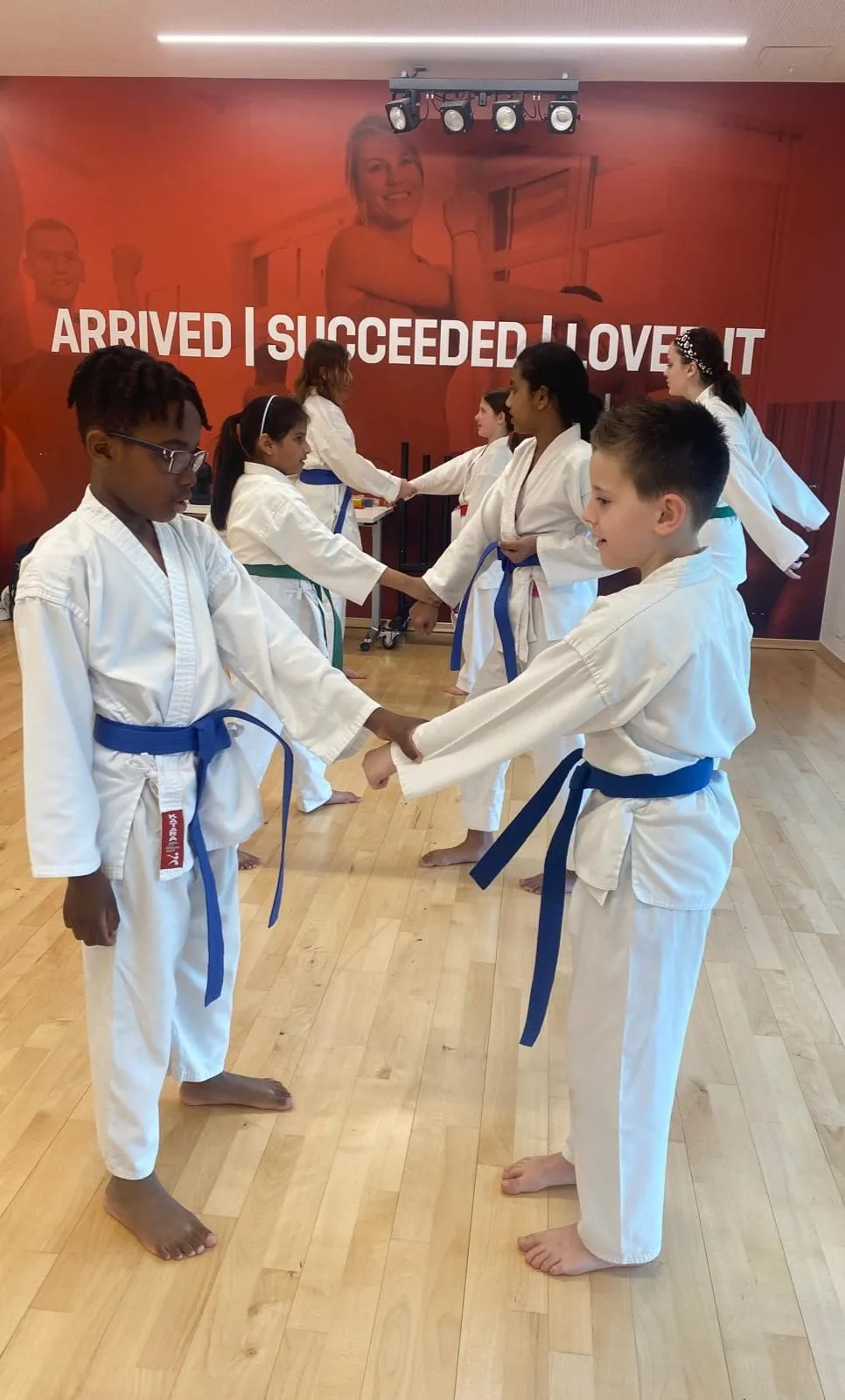 Junior students with blue belts working in pairs